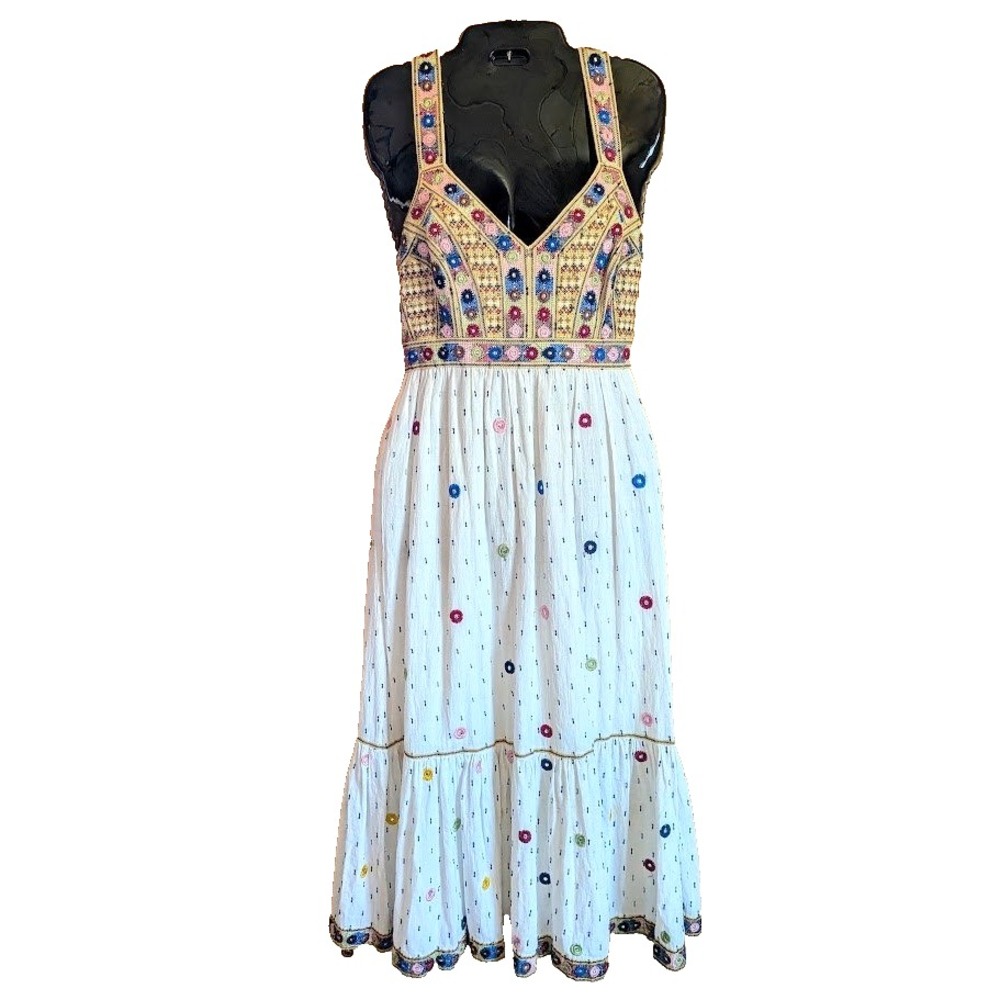 Anthropologie Midi Dress 2 Boho Embroidered Mirror Tapestry Festival Tiered